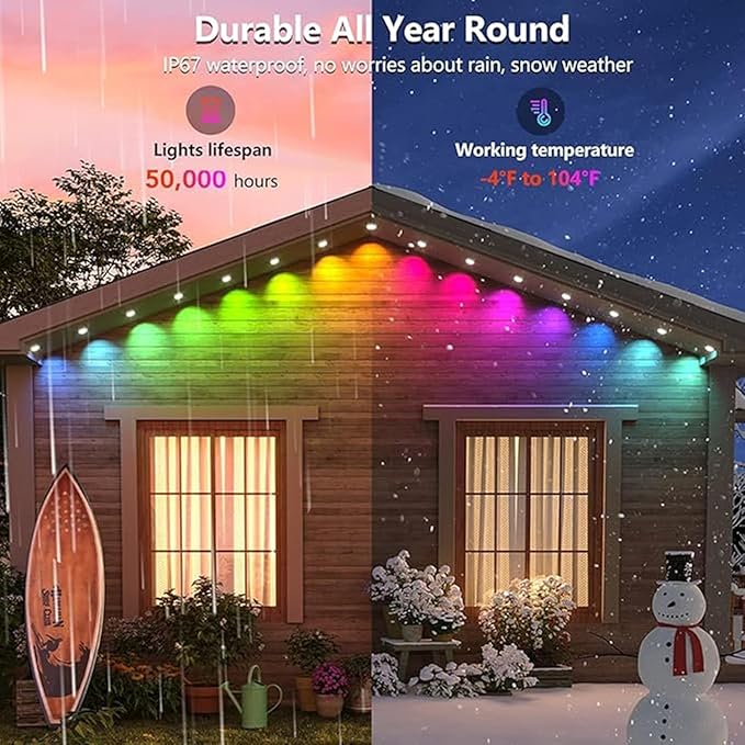 Permanent Outdoor Lights,150ft RGB + IC Smart LED Eaves Lights with App & Remote Control, IP67 Waterproof,for Christmas and All Holiday Decor,Daily and Accent Lighting,House Roof and Garden Lighting