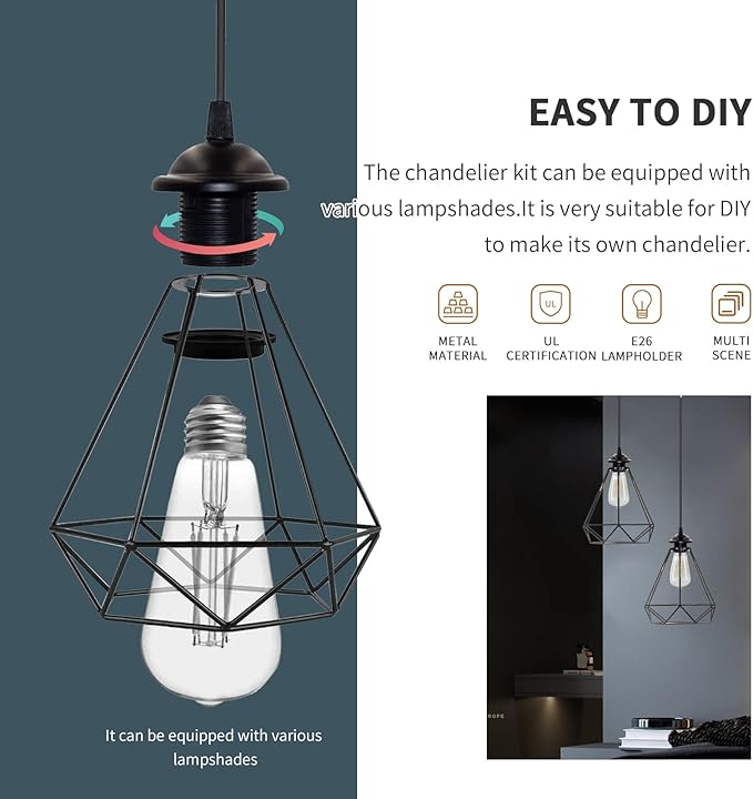 Industrial Mini Pendant Light Kit, Edison Retro Pendant, UL E26 Lamp Socket Vintage Pendant Light Cord, Mini Ceiling Hanging Light Fixtures, Adjustable Hanging Light Kit for Kitchen（Black）