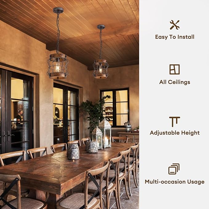 Farmhouse Chandelier Wood and Metal Rustic Light Fixtures 1-Light Round Cage Pendant Light Adjustable Height Industrial Hanging Light for Kitchen Island Hallway Bar Dining Room Entryway D 9.4" x H 9"