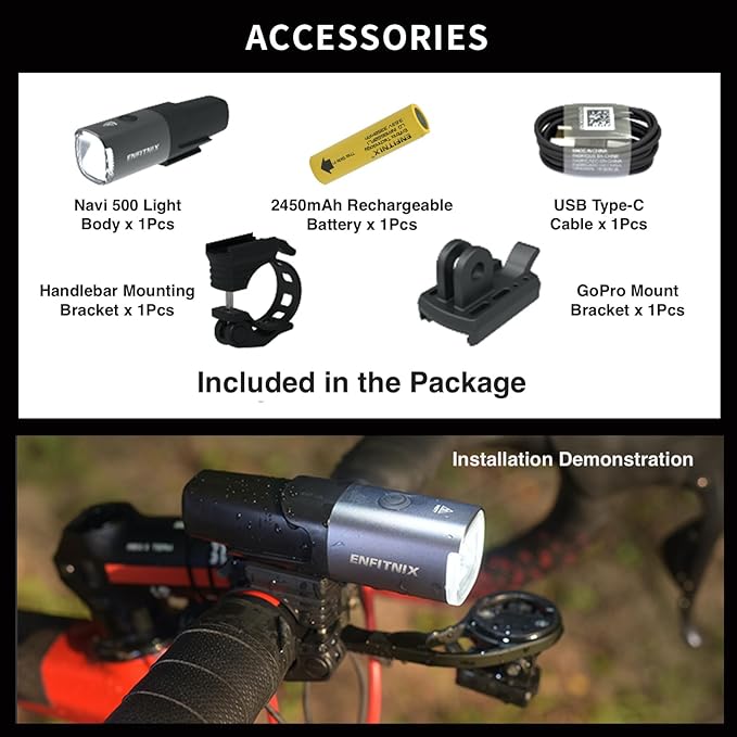 Navi 500 Smart Bike Light, Auto On/Off, 2450 mAh USB Type-C Rechargeable Bicycle Front Lamp, 530 Lumen Multi-Mod Super Bright LED Bike Light, IPX6 Waterproof, Aluminum Frame, 5 Light Modes.