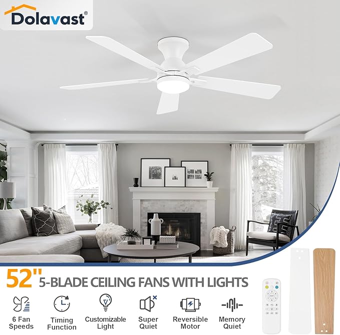 Ceiling Fans with Lights and Remote, 52 Inch White Ceiling Fan with Light, Low Profile Reversible Fandelier Ceiling Fan, Dimmable LED, Flush Mount, Quiet DC Motor, for Bedroom Kitchen