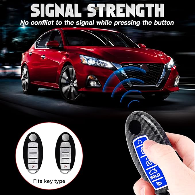 Xotic Tech Smart Key Fob Shell Full Cover Case w/Keychain Compatible with Nissan Maxima Murano Altima GT-R 370Z Rogue or Infiniti JX35 Q50 Q60 Q70 QX60, Carbon Fiber ABS Silicone Night-Luminous Blue