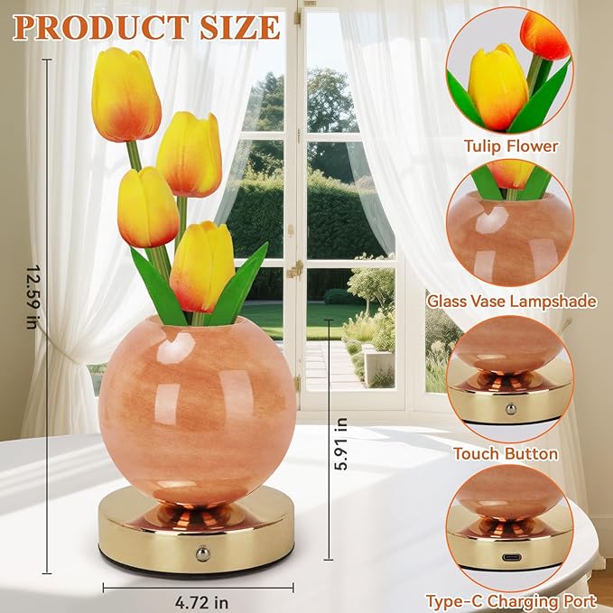 Tulip Table Lamp, Rechargeable Cordless Touch Dimming Artificial Tulip Flower Desk Lamp, LED Flower Bedside Night Light Romantic Gifts for Girl Women Mom (Orange)