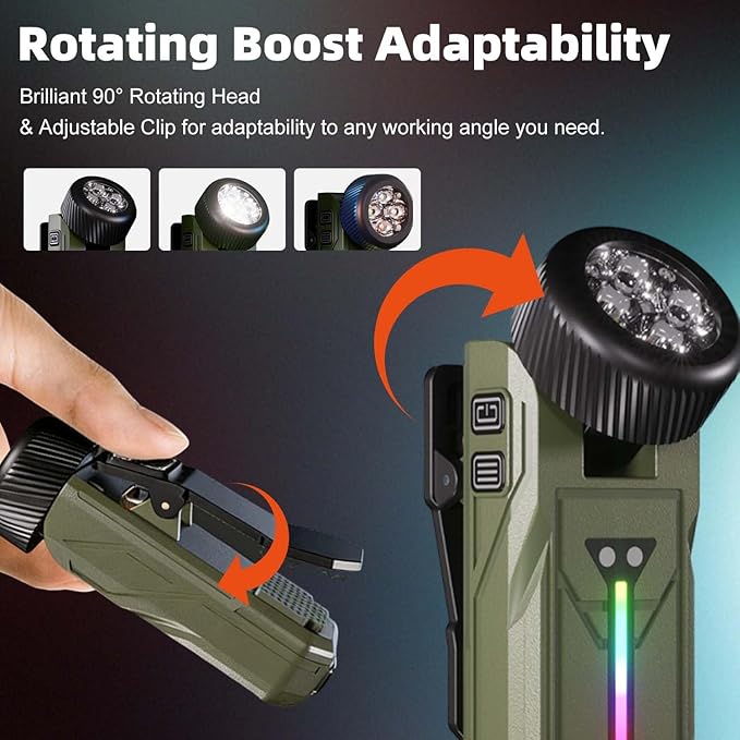 Rechargeable Flashlights EDC Clip-on Light, Bright 680 Lumens Pocket Flashlight, Combines Spotlight/Floodlight/RGB Light, Magnetic, IPX6 Waterproof for Cycling, Repairing (Green)