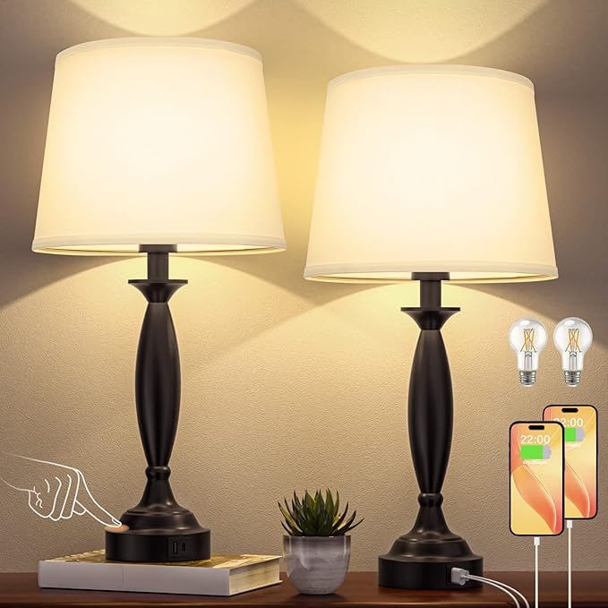 White Lamps for Bedrooms Set of 2 - Touch Control Bedside Lamp with USB C+A, 3 Way Dimmable Nightstand Lamps with USB Port, Table Lamp for Living Room(White Shade and Black Base)