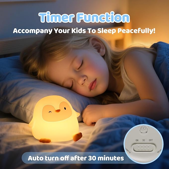 Penguin Silicone Night Light, 50H/12H Long Battery Life Touch Lamp with 30-Min Auto-Off Timer, Soft Dimmable Glow for Baby Kids Toddler Bedroom, Cute Easter Gift for Children