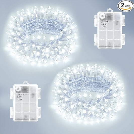White Christmas Lights Outdoor Battery Operated Total 100LED 33ft for Christmas Decorations 16.4Ft*2, 50LED*2 Waterproof Indoor with Timer for Christmas Decor, Cold White