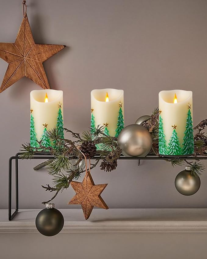 Christmas Tree Flameless Candles with Flickering Flame - Battery Operated Candles with Remote Control and Timer - Real Wax - unscented - Home/Holiday Decoration (3" x 6 ")