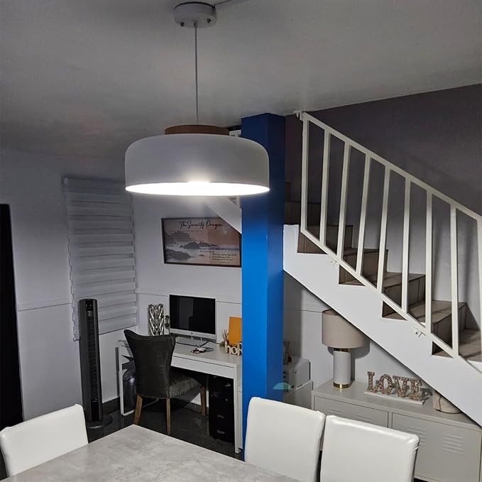 Large Pendant Lighting, 17.7 inch,Natural Wood Cap, Adjustable Cord,Simple Modern Chandelier for Dining Room, Kitchen Table Matte White