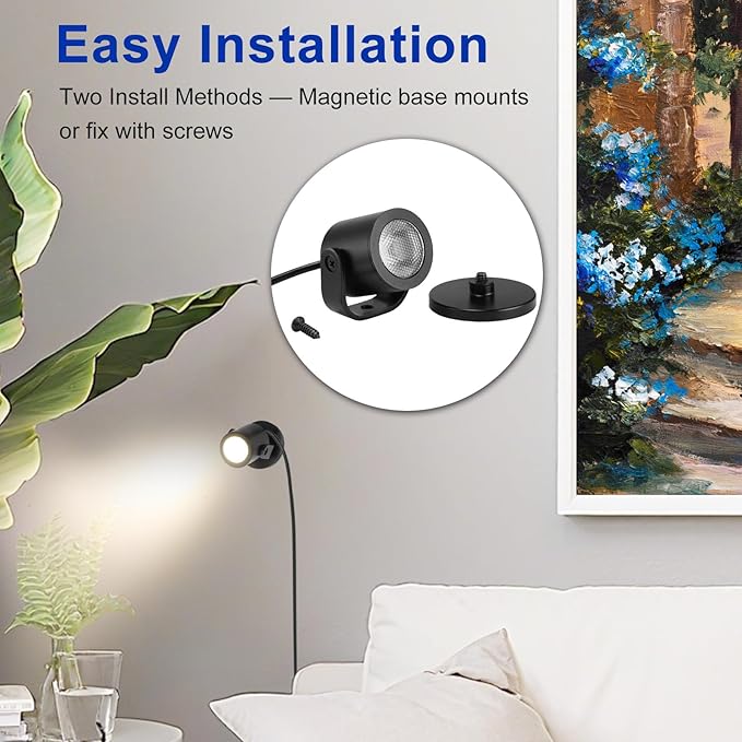 LED Spotlight Indoor 2W USB Powered 360 Degree Rotating Mini Display Accent Light for Pictures Paintings Plants Shelves Cabinet Showcase, 6 Pack Daylight 6000K