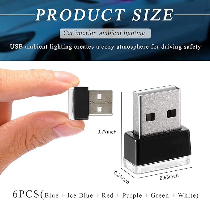 6 PCS USB LED Car Interior Atmosphere Lamp, Portable Plug-in 5V USB Car LED Interior Lighting Night Lamp, Mini USB Ambient Lighting Decor for Home Car Laptop Keyboard