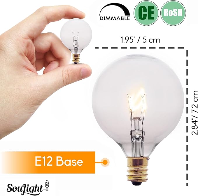 SouLight 25 Watt Wax Warmer Bulbs for Full Size Scentsy Warmer & Scentsy Burner - Replacement Light Bulbs. Incandescent E12 Socket w/Candelabra, Clear G16.5 (G50) - Pack of 6