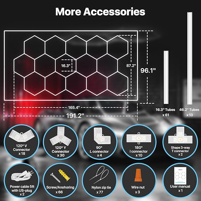 HYPERLITE Gen 2 Hexagon Garage Lights: 624W 62400LM 15 Grids Hexagon Led Lights, 6500K Ultra Bright Honeycomb Hex Lights, Easy Install, Durable Design for Garage, Car Detailing, Workshops, Gym