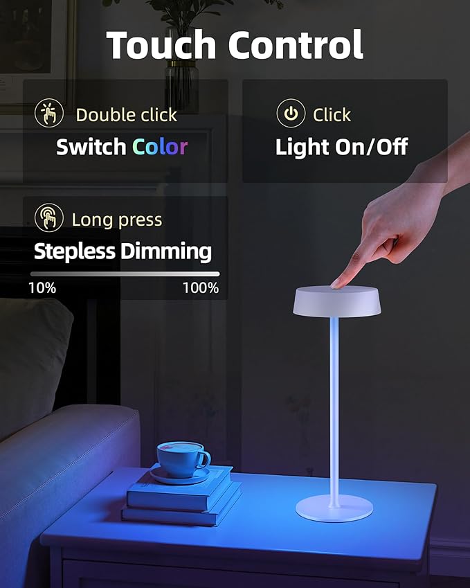 Cordless Lamp, Outdoor Waterproof, Dimmable Touch Control 3 Color Temperature, Battery Operated Portable, RGB, LED Memory Function, Rechargeable Table Lamp, Patio Dinning Restaurant Kitchen 2P White