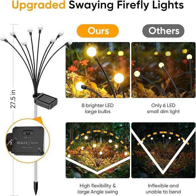 Solar Lights Outdoor Waterproof: 2 Pack 16 LED Swaying Firefly Solar Powered Garden Lights - Warm LED Lighting Outside Pathway Yard Patio Decorations - Unique Gardening Gifts for Women Mom