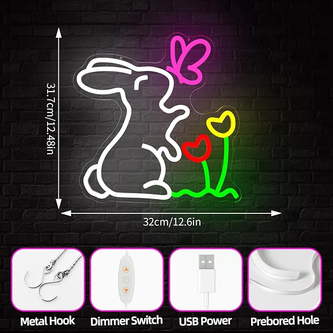 Spring Bunny & Butterfly & Tulip Flower Neon Sign Dimmable Easter Bunny Led Sign Cute Spring Rabbit Neon Light Sign Easter Window Lights Gardening Gifts