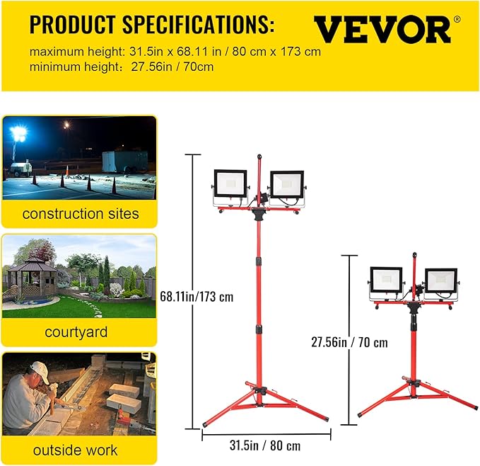 VEVOR LED Work Light with Stand, 20000 Lumen Dual-head LED Work Light with 27.6"-68.1" Adjustable and Foldable Tripod Stand, IP65 Waterproofed LED Tripod Work Light, with 5000 Kelvin Color Temperature