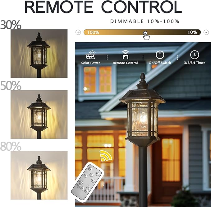 Emliviar Outdoor Solar Floor Lamp with Remote Control, Waterproof Solar Powered Path Lighting in Black Finish, LED Portable Street Light with Water Grain Glass, 2084PL-ML SL BK
