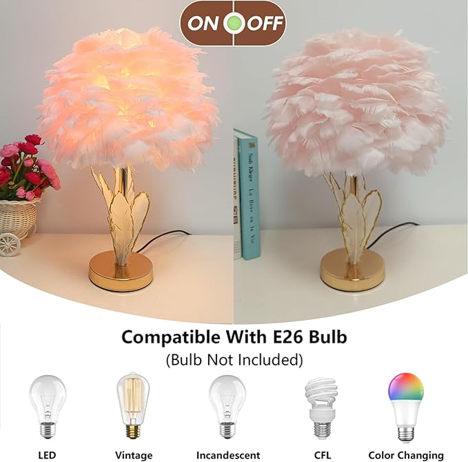 Pink Feather Lamp Goose Furry Table Lamp Princess Modern Fluffy Desk Lamp Simple Wedding Decor Romantic Bedside Night Light for Girl Bedroom Living Room Hotel