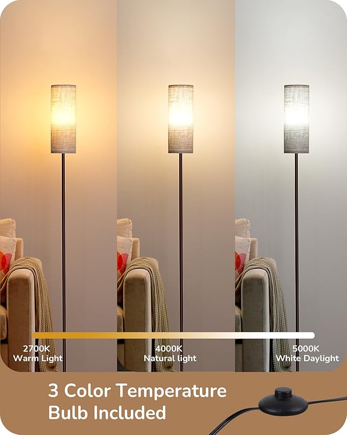 EDISHINE LED Floor Lamp for Living Room, 63.7in Modern Standing Lamp with 9W LED Bulb, 3 Color Temperature, Minimalist Floor Lamp for Bedroom, Office, Nursery, Foot Pedal Switch, Brown