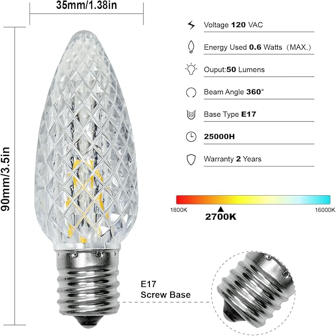 50 Pack C9 Led Replacement Christmas Light Bulb, 0.6W C9 Shatterproof Led Bulbs for Christmas String Light, E17 Intermediate Base, Commercial Grade Light Bulbs, Warm White 2700K