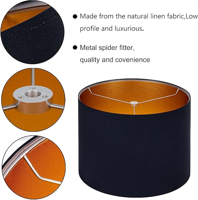 Wellmet Blackgold Set of 2 Drum Lampshades, Easy Assembly Required 16" Top x 16" Bottom x 12" High Replacement Lamp Shades, Fabric Lampshades for Table Lamps Floor Lamps, Metal Spider Fitter