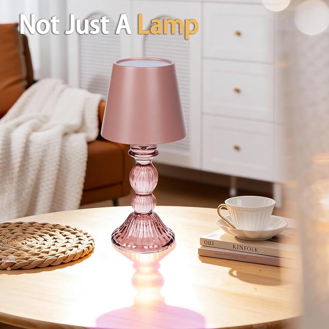 MJ PREMIER Cordless Table Lamp, Small Rechargeable Lamp with Touch Control, 9.5" H, 3 Color Stepless Dimming Battery Operated Lamps for Bedroom/Living Room/Bathroom/Kitchen/Corner/Entryway (Pink)
