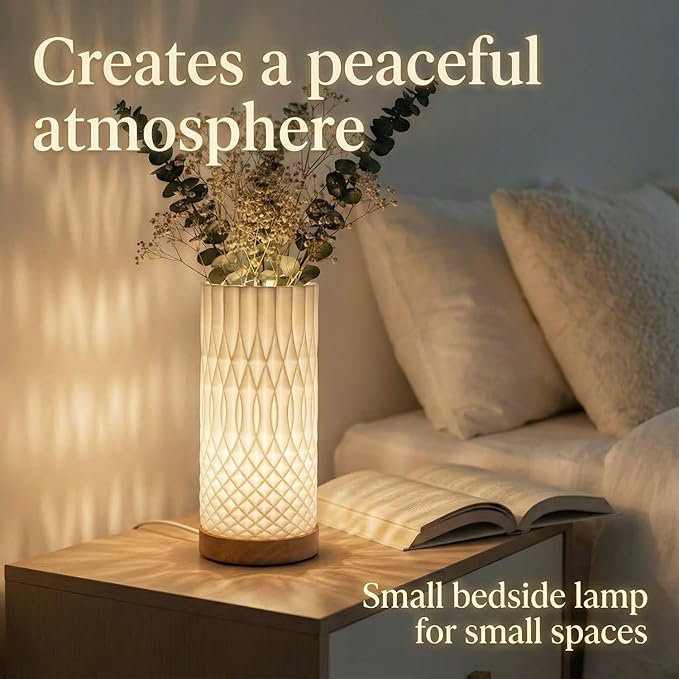 3D Printed Mini Lamp, Small Bedside Lamp with 3-Color Dimmable LED, Small Nightstand Lamp for Tight Spaces, Beautiful Lamp with Wooden Base - Flame
