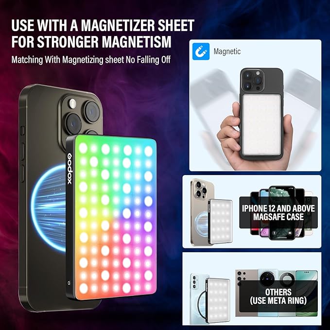 GODOX MA5R LED Fill Light with Soft Diffuser Magnetic Charging Phone Selfie Lighting Mini on Camera Lights 1800K-10000K 14 FX Modes for Selfies, YouTube, TikTok, Vlogging, Video Conferences (Black)
