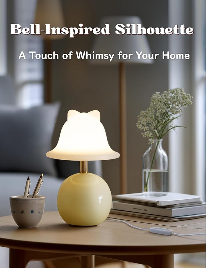 Joyzy Bell Table Lamp for Bedroom,Desk Bedside Small Lamps for Living Room Night Stands Lights Vintage Mushroom Lighting Decor Cute Modern Light,Unique Aesthetic Home Living Room Decor