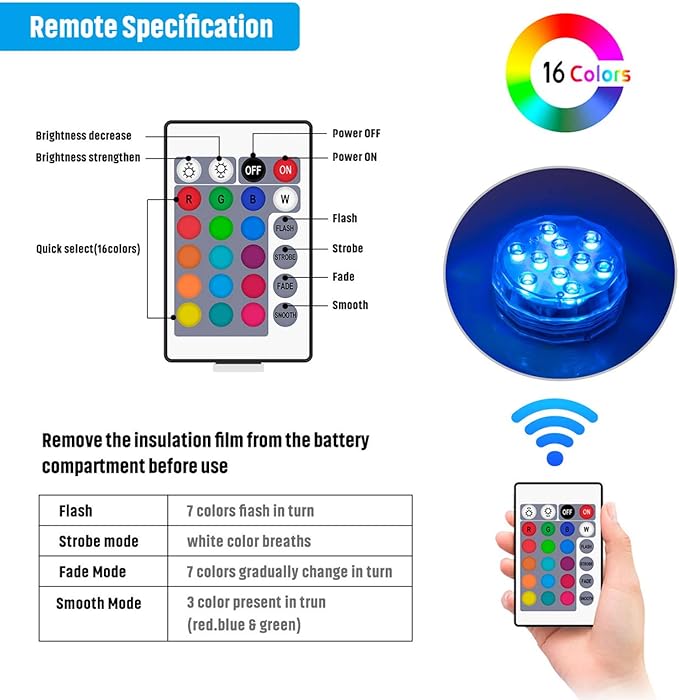 Submersible Led Pool Lights - Waterproof Underwater Pond Light Remote Battery Powered Remote Controlled Color Changing Shower Lights for Pool Vase Spa Party Hot Tub 4 Pack