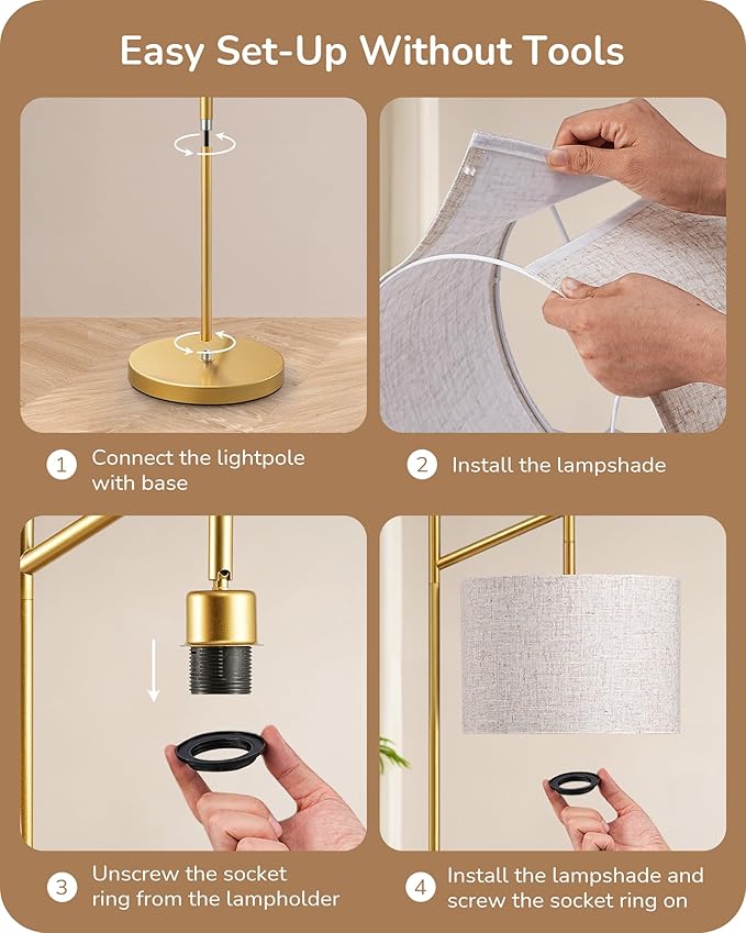 EDISHINE 64.7" Modern Minimalist Floor Lamps for Living Room with 3 Color Temperatures Bulb & Adjustable Linen Shade, Foot Pedal Switch, Tall Standing Lamp for Bedroom Office, Gold