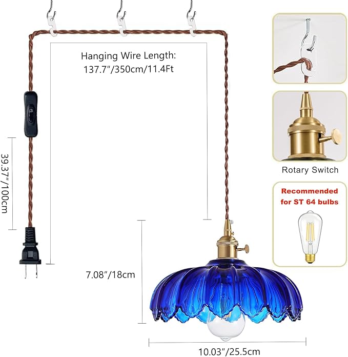 Plug in Pendant Light: Bule Hanging Light Plug in Fixture Hanging Lamp, Glass Pendant Lighting for Kitchen Island, Bedroom, Dining Room, Living Room, E26 No Bulb