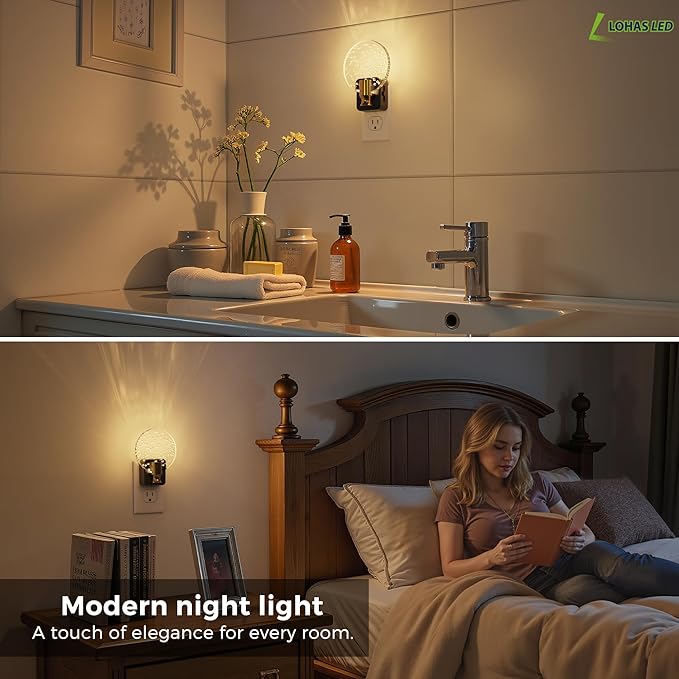 L LOHAS LED Night Lights Plug into Wall, Dusk to Dawn Sensor, 3000K Soft White LED, 180° Rotating Acrylic Bubble Nightlight, 0-100lm Adjustable Brightness, 2-Pack for Bedroom, Bathroom, Hallway