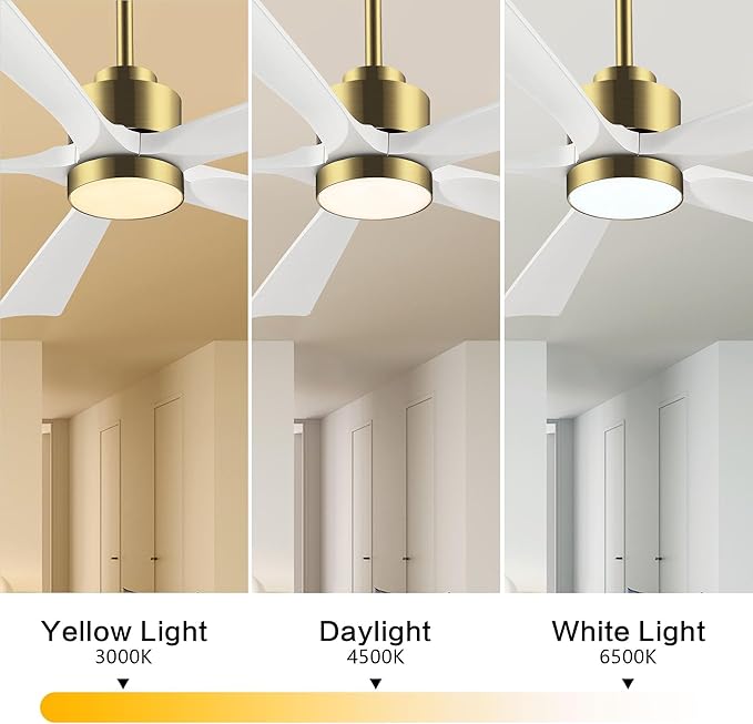 ELEHINSER 52" Modern Ceiling Fan with Lights and Remote Control, 5 Solid Wood Blades 6-Speed Noiseless Reversible DC Motor, Ceiling Fan for Bedroom Dinning Living Room, Gold Finish with White Blade