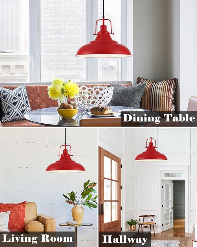 Red Pendant Light, 16 Inch Large Industrial Pendant Lights, Matte Red Pendant Lights Kitchen Island, Vintage Farmhouse Pendant Light for Kitchen Island, Dining Room, Hallway (1 Pack)