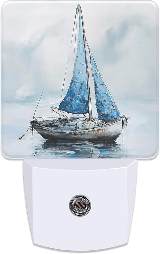 Blue Sailboat in Harbor Night Light for Kids, Dusk-to-Dawn Auto Sensor Plug in Night Light, 0.5W Energy Saving Non-Toxic Design for Bedroom/Bathroom, Ideal Gifts for Women, Men & Kids