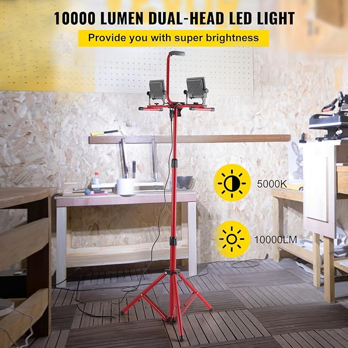 VEVOR LED Work Light with Stand, 5000 Lumen Dual-Head LED Work Light with 27.6"-68.1" Adjustable and Foldable Tripod Stand, IP65 Waterproofed LED Tripod Work Light, with 5000 Kelvin Color Temperature