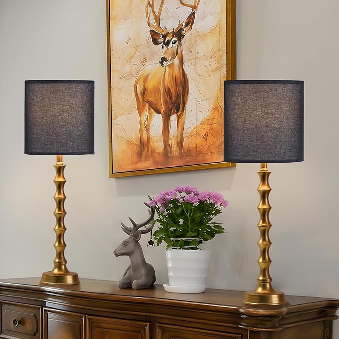 28.75" Gold Table Lamps Set of 2, Gold Buffet Lamps Set of 2 with Black Shade, Rustic Tall Skinny Nightstand Lamp for Bedroom, Living Room, Guest Room Decor