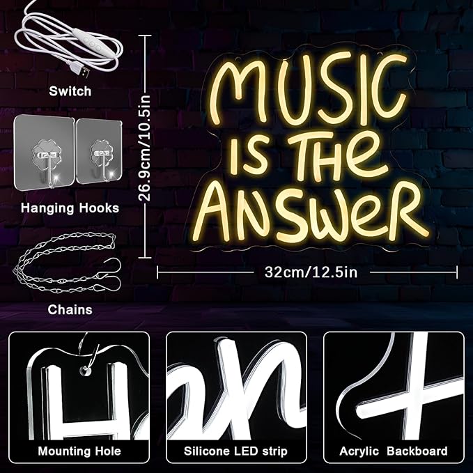 Music Is The Answer Neon Sign for Wall Decor Warm White Letter Neon Light Live Music Neon Light Sign LED Word Light for Studio Concert Bar Bedroom Decoration