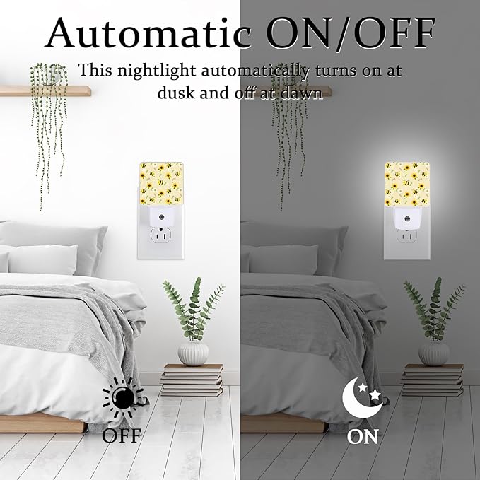 Cute Bee Sunflower Night Light, Plug-into Wall Nightlight Lamp with Dusk to Dawn Sensor, Led Lamp 0.5W Energy Efficient for Boys Girls Adults Home Decor