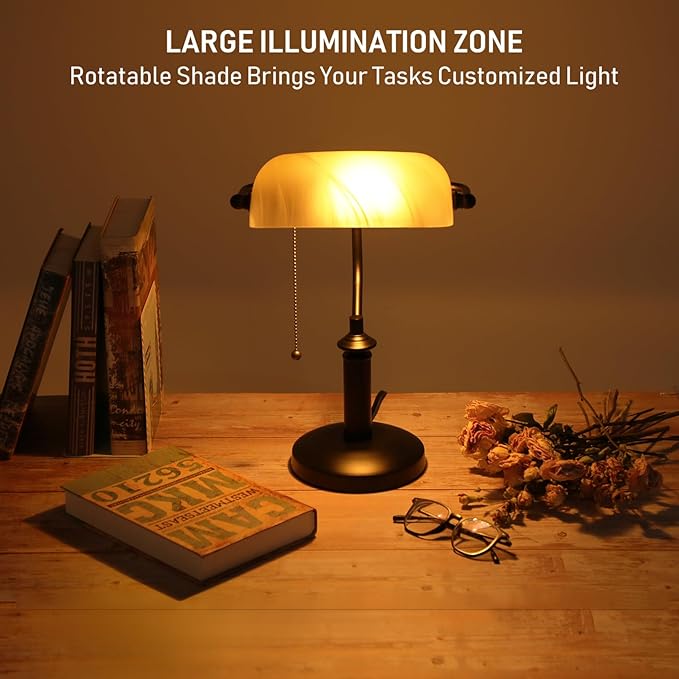 TORCHSTAR Pale Yellow Glass Bankers Desk Lamp, Antique Desk Lamps with Uniquely Textured, Traditional Library Lamp with Pull Chain, E26 Base, Desk Lamp for Office, Study Room