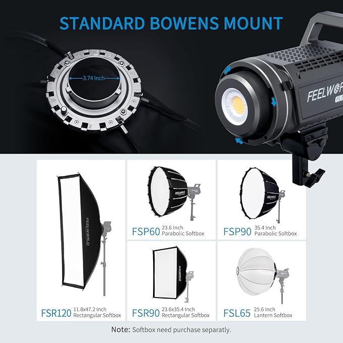 FEELWORLD FL225D 5600K Daylight Video Studio Light 225W Continuous Lighting CRI96+ TLCI97+ 67500lux@1m for Film, Live Streaming, Photography, Videography, Wedding, Interview