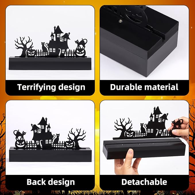Halloween Table Decor Led Lights Silhouette Decoration Metal Horror Pumpkin Battery Operated Indoor Decoration for Tabletop,Party, Home, Window