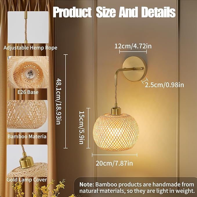 Gold Battery Operated Wall Sconces Set of 2 with Remote, Rechargeable Rattan Battery Powered Wall Lights/Lamps, Wireless Boho Lighting Fixtures for Bedroom Farmhouse, 15 Colors Dimmable,8''