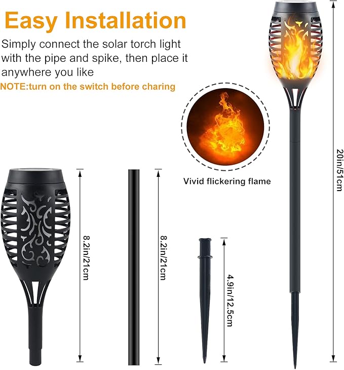 12 Pack Solar Torch Lights Outdoor Flickering Flame - Upgraded 12LED Mini Fire Effect Solar-Powered Tiki Torches, IP65 Waterproof Lighting, Auto On/Off, Perfect for Garden Patio Pathway Decor