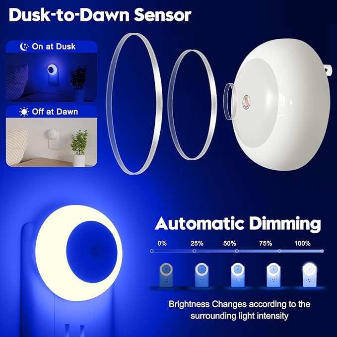 Night Light, Night Lights Plug into Wall, Dusk to Dawn Sensor, Blue Led Night Light 0.5W, 2 Pack Nightlight for Adults, Bedroom, Bathroom, Hallway, Kitchen