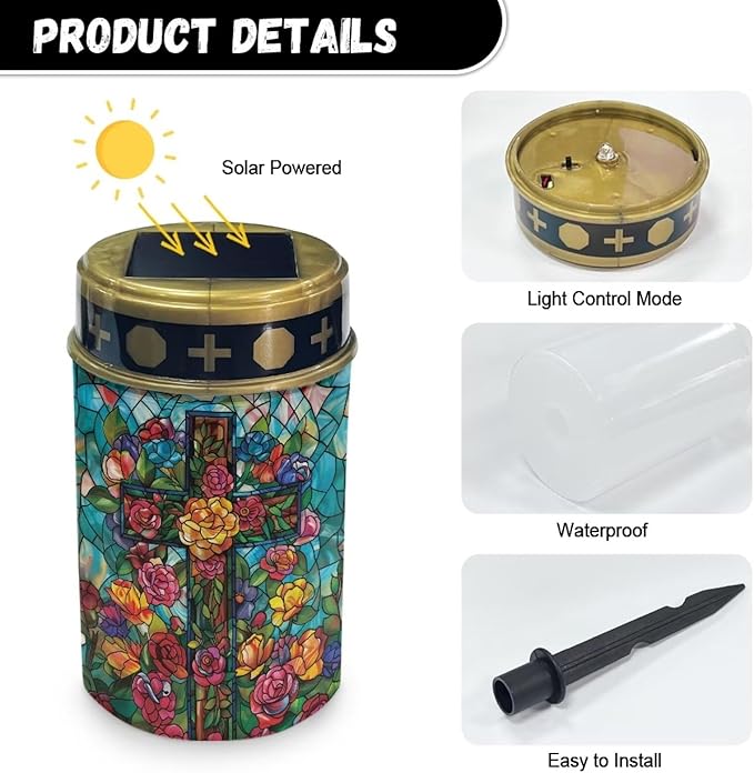 Light for Prayer Cemetery Solar Lights for Grave Cemetery Decor Candle Lamp Cross and Rose Grave Solar Lights Garden Cemetery Decor Memorial Gift