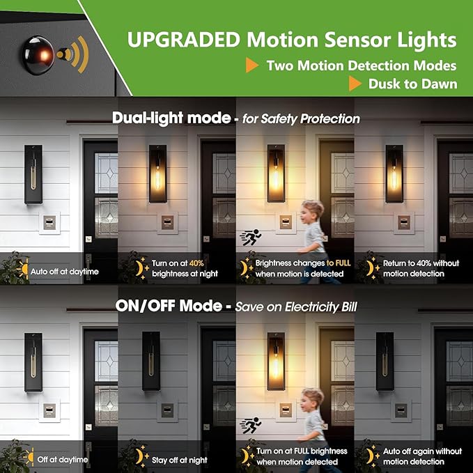 Motion Sensor Large Outdoor Wall Light Fixtures 2-Pack, Anti-Rust Front Porch Lights Wall Mount, 16'' Dusk to Dawn Outside Sconce Lights for House, Waterproof Black Exterior Coach Lights for Garage