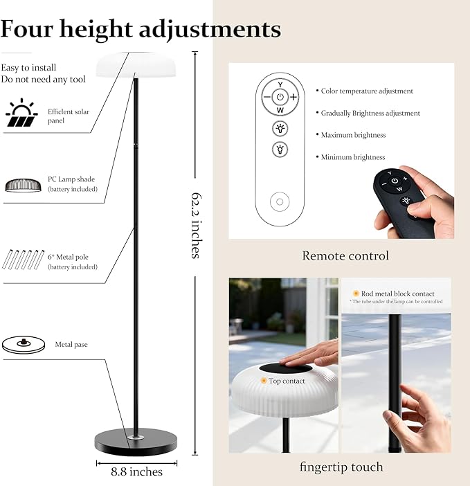 M KARMATER Solar Outdoor Floor Lamp for Patio,IP65 Waterproof Cordless Standing Lamp with Remote Control & Touch Sensor, Tall Rechargeable Ambient Light for Porch Garden & Living Room,Warm/White,USB-C